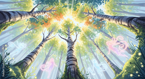 Fantasy forest illustration with magical fairies flying among tall birch trees and sunbeams filtering through the canopy