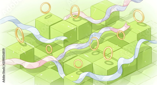 Isometric green cubes background with abstract floating golden rings and flowing ribbons