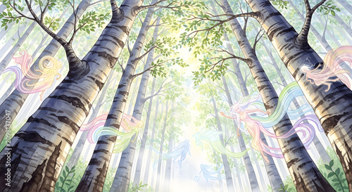 Magical forest vista bathed in ethereal light, with whimsical, rainbow-colored wisps weaving through ancient birch trees and dappled sunlight
