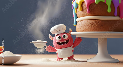 Adorable Little Monster Pastry Chef Decorating a Huge Multilayered Cake with Colorful Frosting and Sugar