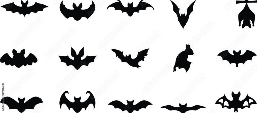 Fototapeta premium Diverse collection of black bat silhouettes for halloween decorations and spooky themed designs