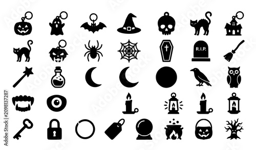 Black silhouette Halloween keychain and accessory icon set with spooky charms pumpkins ghosts bats and witch symbols isolated on white background