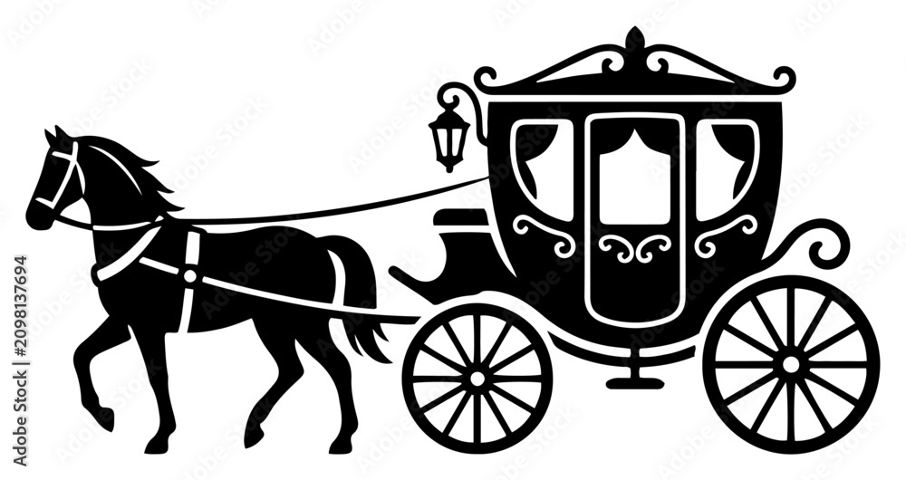Obraz premium Horse drawn carriage vintage royal coach silhouette vector icon