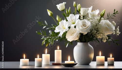 elegant white flowers in a vase with candles on a table