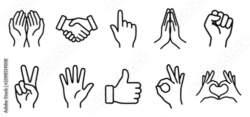 Collection of hand gesture line art icons for communication and social interaction set