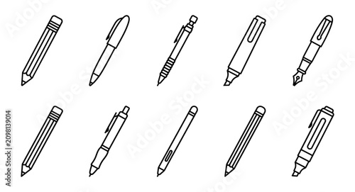 Collection of various writing instrument icons including pencils, pens and markers