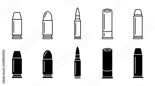 Photos Set of ammunition and bullet icons featuring various calibers in black and outli