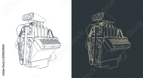 Classic V8 car engine with blower technical drawing illustrations