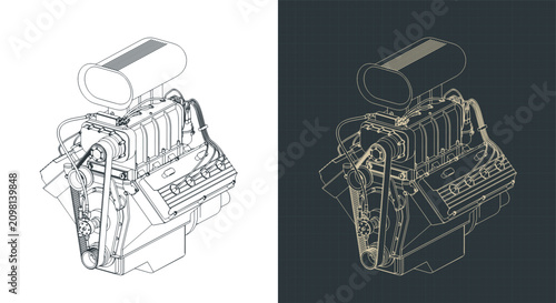 Classic V8 car engine with blower isometric blueprint