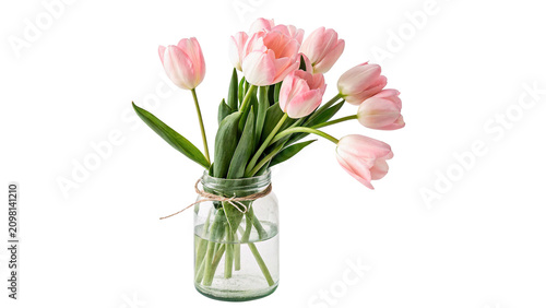 Obraz na płótnie Elegant glass vase with beautiful blooming pink tulip flowers gift isolated on t