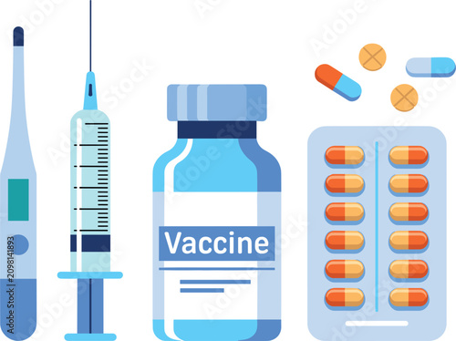 Medical vaccine and medicine vector set, flat healthcare icons with syringe and pills