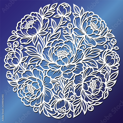Laser cut circular coaster panel with floral peony pattern. Decorative engraving stencil for paper craft, home decor or wood carving. Vector illustration in intricate style