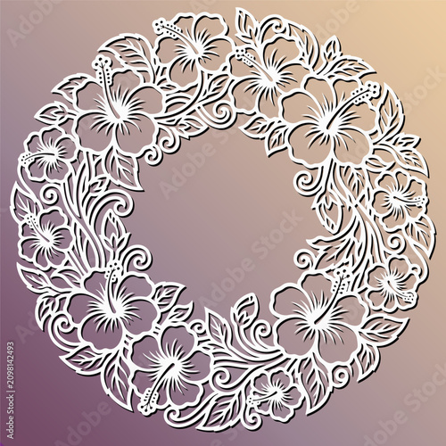 Foto Floral round frame with hibiscus flower for laser cut or wood carving coaster