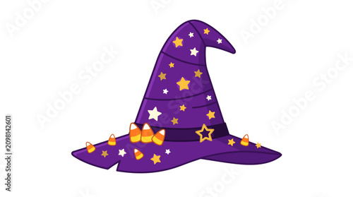 Purple witch hat with golden stars for Halloween. Magical sorcerer costume accessory with celestial pattern design
