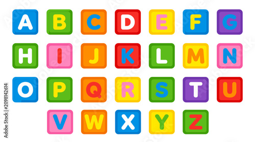 Colorful alphabet letters on toy building blocks. Bright educational ABC set for kids learning and play.