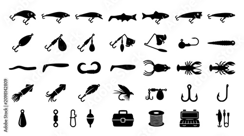 Foto Fishing Lure Icon Set with Artificial Bait Black Silhouette Vector Collection