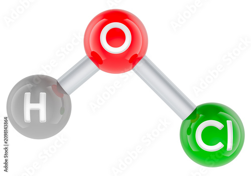 Hypochlorous acid HOCl molecular model. 3D rendering