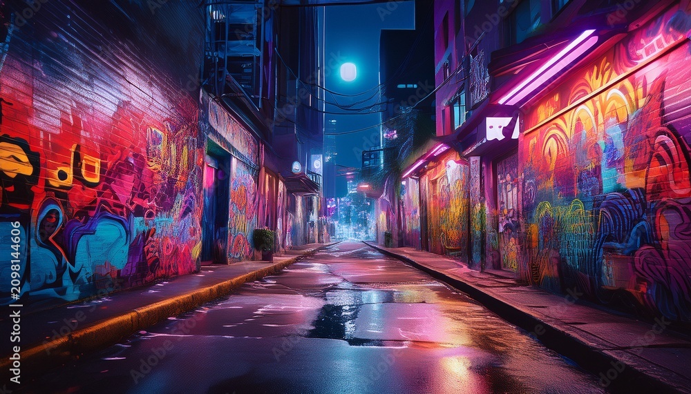 Obraz premium city alley with graffiti at night street art
