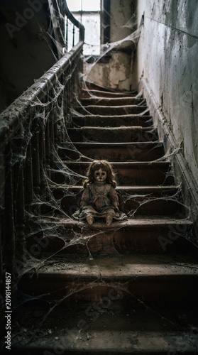 Halloween A creepy doll sits on a dusty, cobweb-draped staircase in an abandoned house, evoking a sense of unease and forgotten memories.