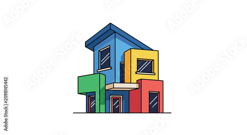 Colorful stacked house architecture illustration.