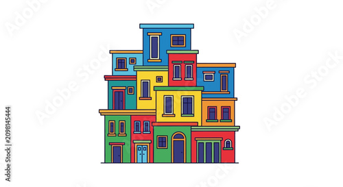 Colorful stacked house architecture illustration.