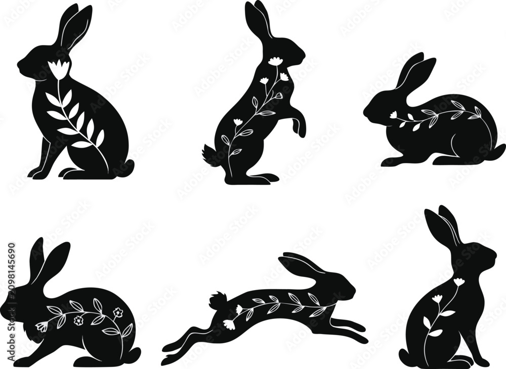 Obraz premium Collection of black rabbit silhouettes with white floral designs
