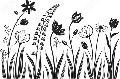 Black and white floral illustration with various flowers and grass