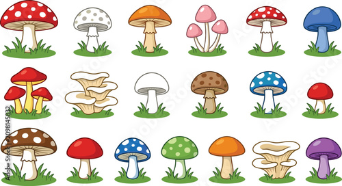 Photos Colorful mushroom cartoon collection featuring amanita fly agaric and wild fungi