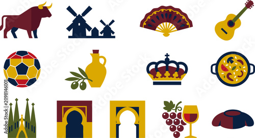 Spanish Culture and Landmark Flat Icon Set Featuring Bull, Windmill, Fan, Guitar, Soccer Ball, Crown, Paella, Architecture, and Wine Symbols