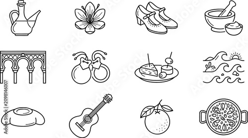 Spanish Culture and Traditional Tourism Icon Set Featuring Paella, Flamenco Guitar, Tapas, Architecture, and Mediterranean Elements for Travel and Graphic Designs