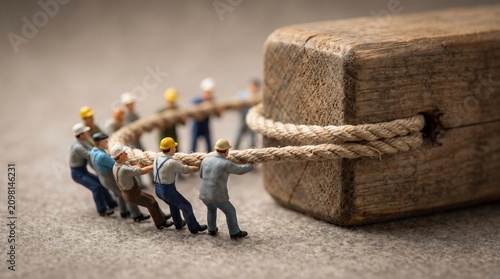 A team of miniature workers struggles to pull a massive wooden block with a rope, illustrating the concept of heavy labor and collective effort