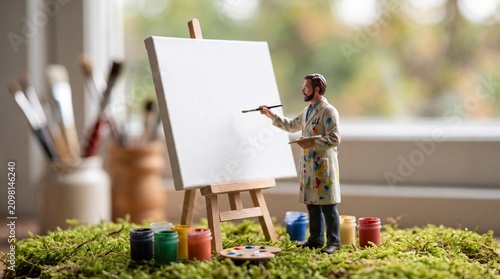 A miniature artist stands at an easel, brush in hand, ready to paint. Surrounded by pots of vibrant paint and a collection of brushes.