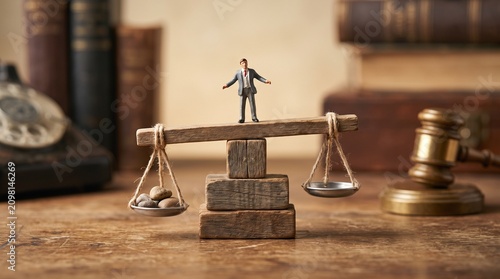 A tiny figurine of a man stands atop a miniature wooden balance scale, symbolizing the weight of justice and law. The scene is set with antique books and a gavel in the background