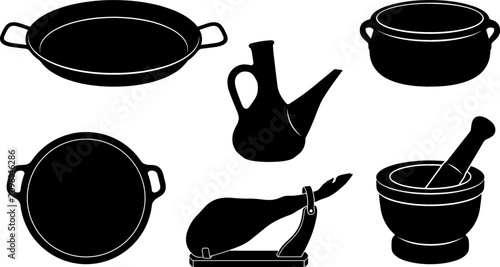 Fotografía Traditional Spanish Kitchen Utensils and Food Silhouette Icon Set Featuring Pael