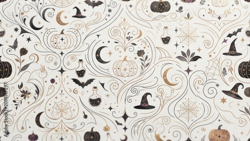 Elegant Halloween Seamless Pattern with Magical Witchcraft Elements and Gold Details