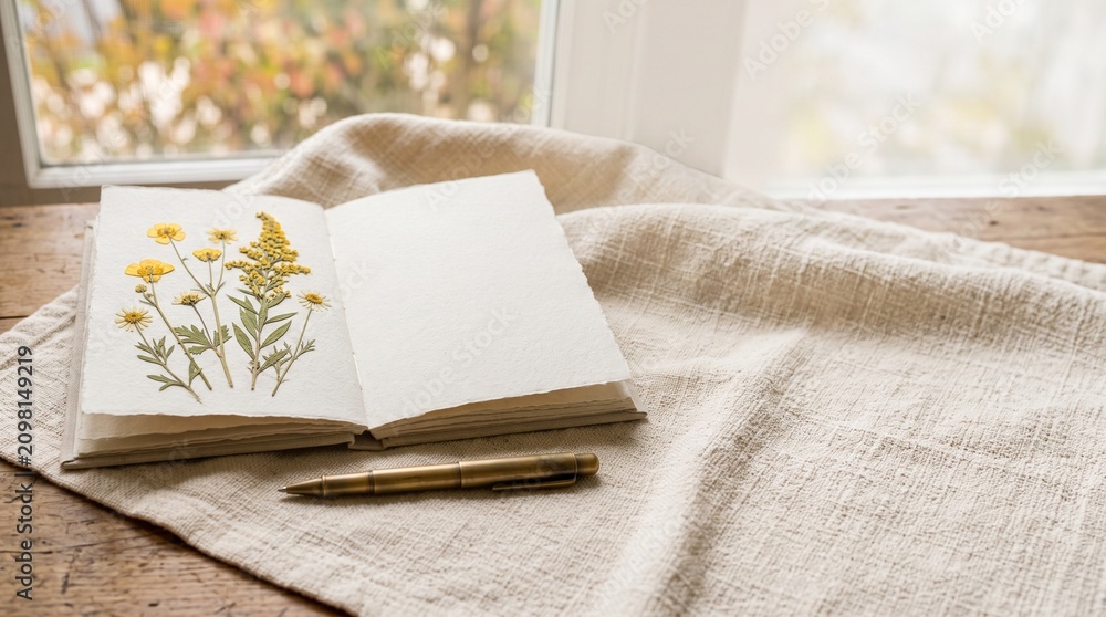 Fototapeta premium Open journal with pressed yellow wildflowers and a brass pen on a linen cloth by a window