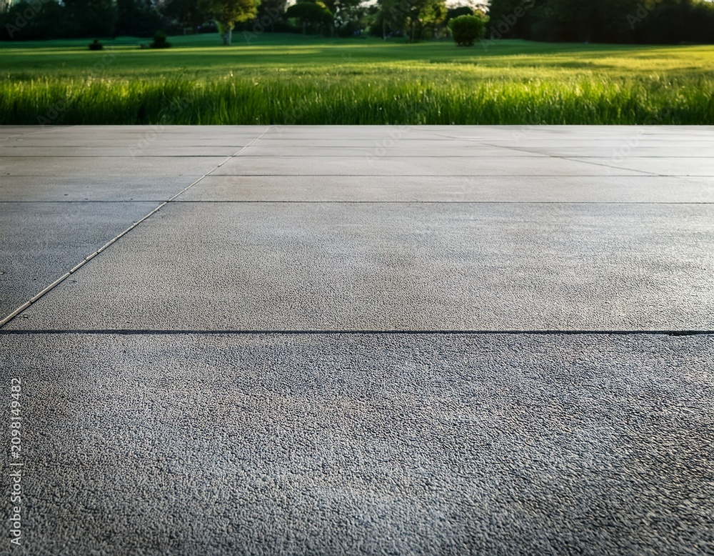 Fototapeta premium smooth gray concrete surface with visible joints and a grassy area in the background
