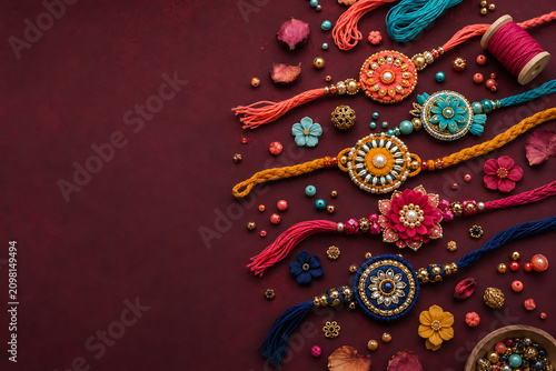 Colorful handcrafted rakhis arranged with beads, braided threads, fabric flowers, tassels, and crafting supplies on a deep maroon background with left copy space for greetings