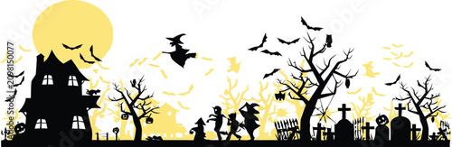 Konstfotografi Spooky halloween silhouette haunted house witch and trick or treaters scene