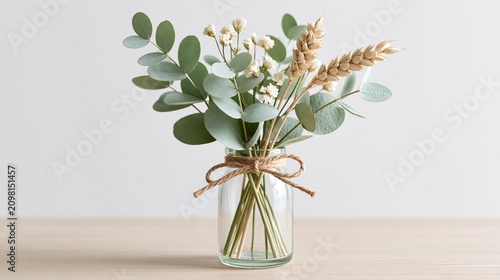 Minimalist bouquet of eucalyptus and dried wheat in a glass vase