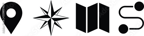 Navigation and map icons featuring a location pin, a compass rose, a folded travel paper and a route path line with points and symbol and icon