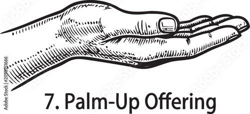 Hand gesture showing palm up offering position hand drawn vintage engraving style