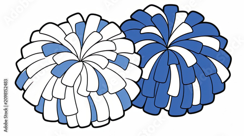 Close-up abstract illustration of blue and white pom-poms with thick black outlines, flat design style.