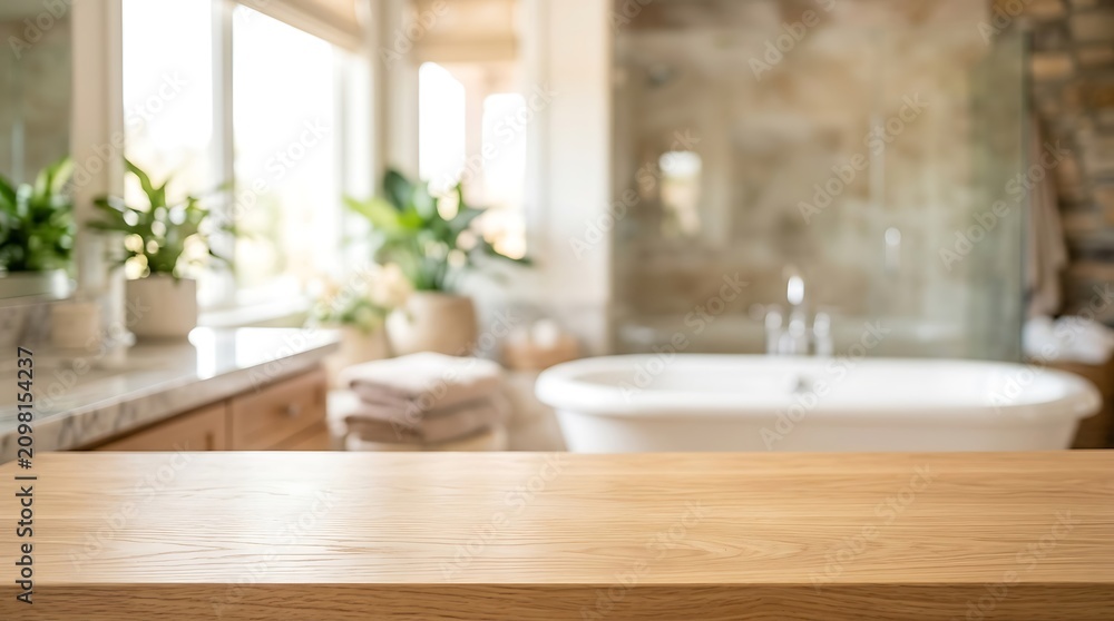 Fototapeta premium Empty Wooden Tabletop with Blurred Luxury Bathroom Interior Background for Product Display Presentation Website Banner.