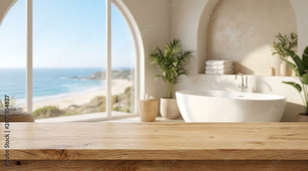 Fototapeta premium Empty wooden table surface for product display with luxury bathroom interior and tropical beach ocean view scenery art