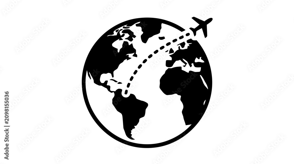 Fototapeta premium Vector illustration of airplane flying around the world icon on a transparent background