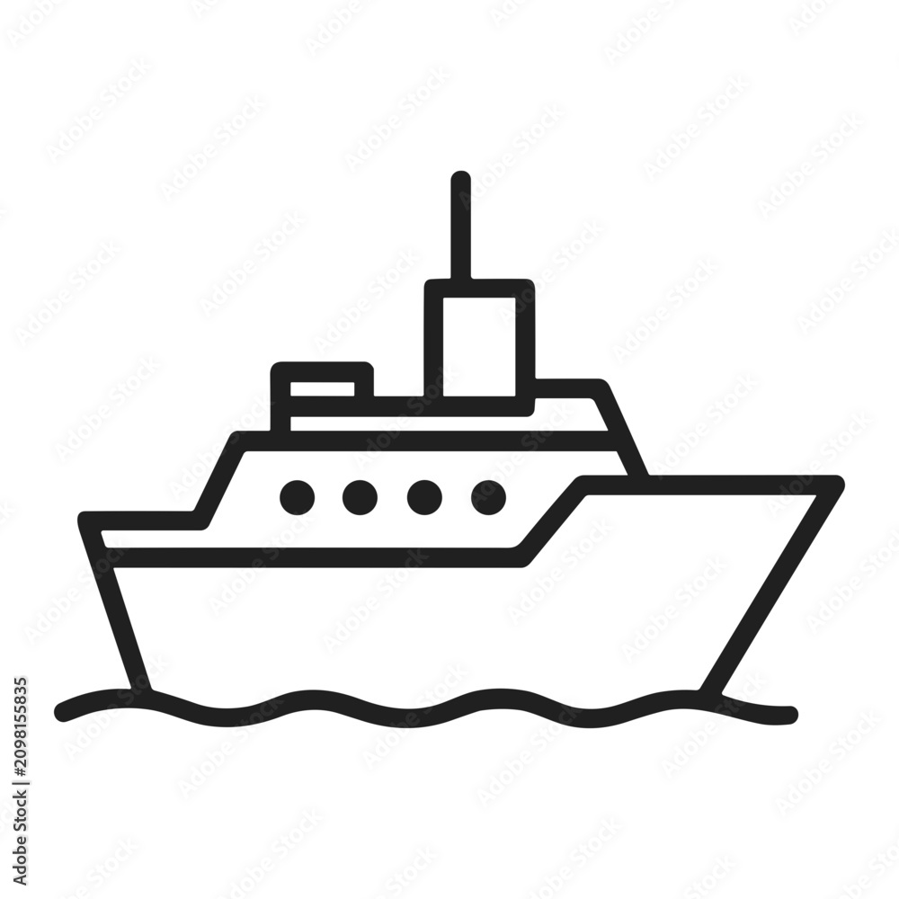 Obraz premium Monochrome line art illustration of a modern motor yacht sailing on stylized waves, side profile showing hull, deckhouse, cabin with portholes, central mast and streamlined bow