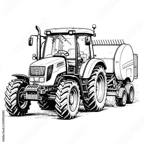 Hand Drawn Vintage Farm Tractor Pulling Round Hay Baler Vector Illustration