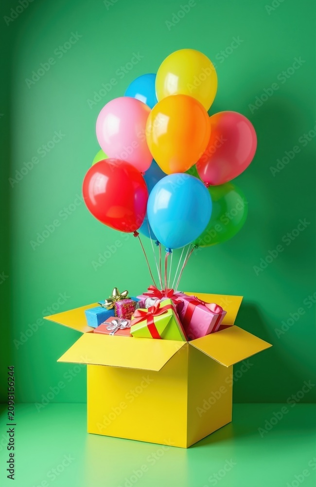 Fototapeta premium Bright yellow box overflows with wrapped presents, colorful balloons floating up against green background. This image suggests joy excitement, celebration for any special occasion or party event.