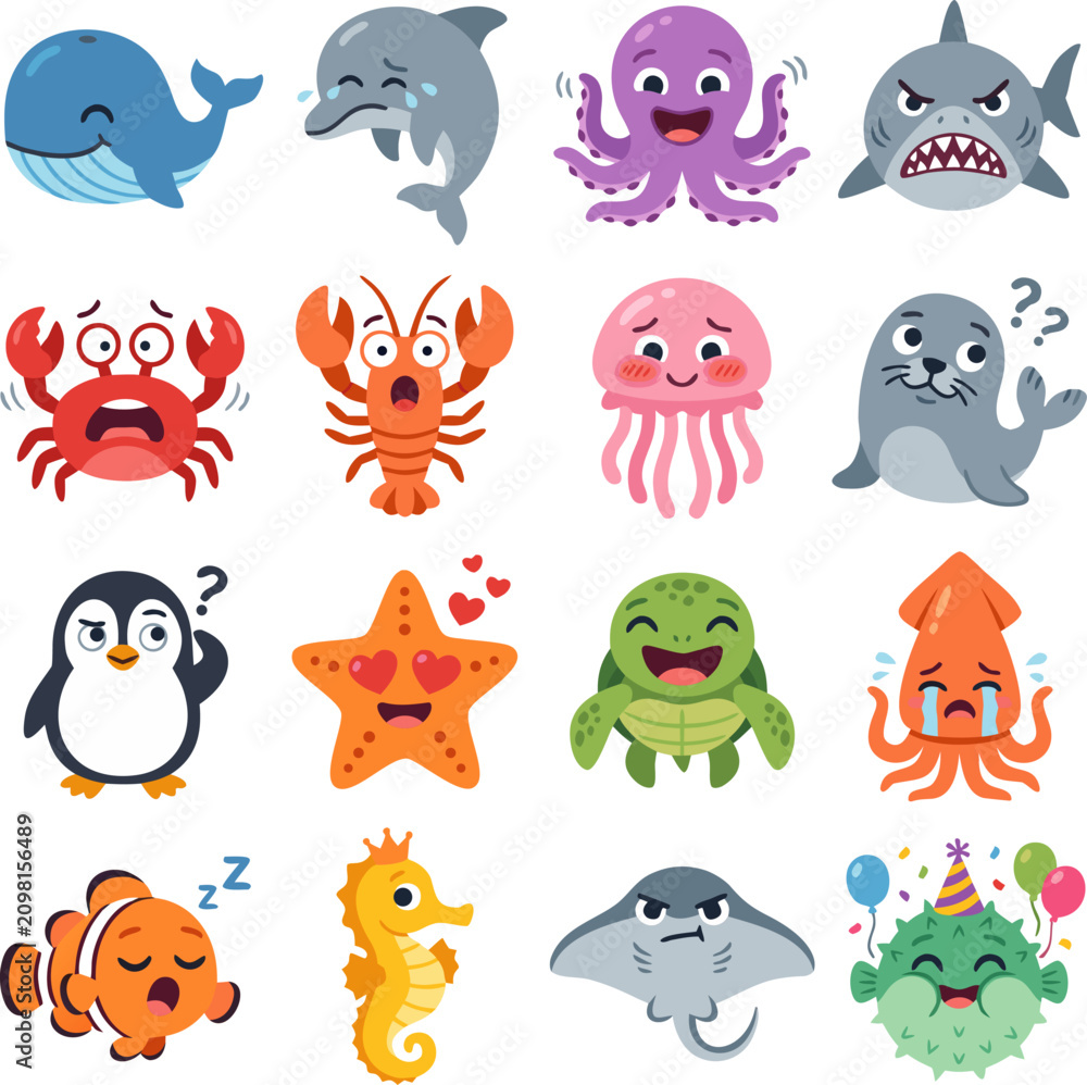 Obraz premium Vector illustration bundle of sixteen adorable sea life and marine animal stickers. Featuring whale, dolphin, octopus, shark, crab, lobster, jellyfish, seal, penguin, starfish, sea turtle, squid, clow